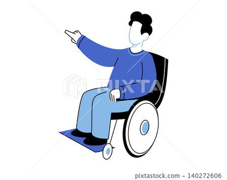 Man in a wheelchair pointing forward vector illustration. Accessibility, social inclusion, mobility services, rehabilitation, healthcare support, equal opportunities. Disabled person gesturing ahead Man in a wheelchair pointing forward vector illustration. Accessibility, social inclusion, mobility services, rehabilitation, healthcare support, equal opportunities. Disabled person gesturing ahead 140272606