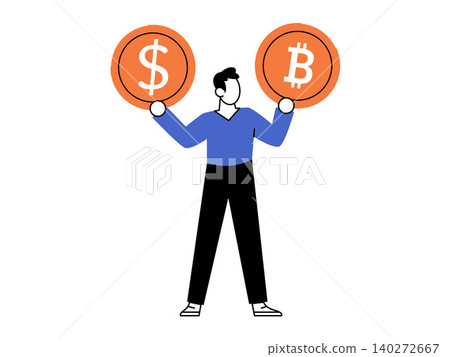 Man holding dollar and bitcoin coins vector illustration. Crypto trading, financial investment, fiat vs digital, wealth management, market choice, economy. Person lifting currency symbols Man holding dollar and bitcoin coins vector illustration. Crypto trading, financial investment, fiat vs digital, wealth management, market choice, economy. Person lifting currency symbols 140272667