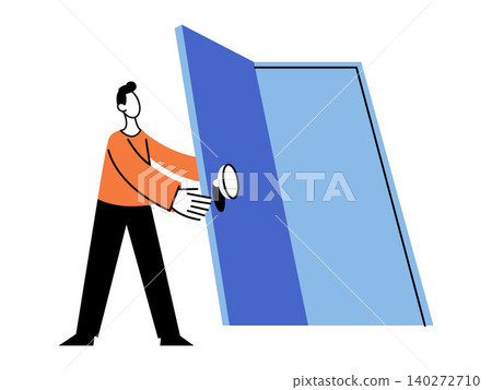 A man opening a blue door vector illustration. New opportunities, career growth, future success, business solutions, personal development, curiosity. Male character pushing an entrance portal A man opening a blue door vector illustration. New opportunities, career growth, future success, business solutions, personal development, curiosity. Male character pushing an entrance portal 140272710