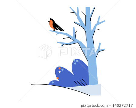 Bullfinch bird sitting on a bare blue tree branch vector illustration. Winter season, wildlife nature, cold weather, seasonal greeting, forest, outdoor. Songbird perched on leafless plant Bullfinch bird sitting on a bare blue tree branch vector illustration. Winter season, wildlife nature, cold weather, seasonal greeting, forest, outdoor. Songbird perched on leafless plant 140272717