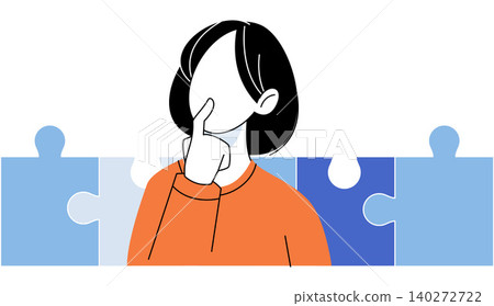 Pensive woman thinking with jigsaw puzzle pieces vector illustration. Problem solving, mental health, logic, strategy, decision making, psychology. Thinking female with game parts Pensive woman thinking with jigsaw puzzle pieces vector illustration. Problem solving, mental health, logic, strategy, decision making, psychology. Thinking female with game parts 140272722