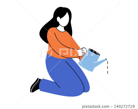 Woman kneeling and pouring water from a blue watering can vector illustration. Gardening, plant care, sustainability, personal growth, nurturing, home garden. Female gardener using a water pot Woman kneeling and pouring water from a blue watering can vector illustration. Gardening, plant care, sustainability, personal growth, nurturing, home garden. Female gardener using a water pot 140272729