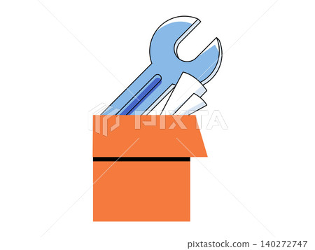 Blue wrench and documents in an orange box vector illustration. Technical support, equipment maintenance, repair, toolkit setup, manual instructions, service. Spanner and papers in a container 140272747