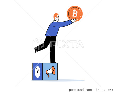 Businessman reaching for a Bitcoin coin vector illustration. Crypto trading, financial growth, marketing, investment timing, wealth, blockchain. Investor on a cube holding a digital token Businessman reaching for a Bitcoin coin vector illustration. Crypto trading, financial growth, marketing, investment timing, wealth, blockchain. Investor on a cube holding a digital token 140272763