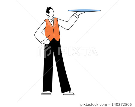 Professional waiter in an orange vest holding an empty serving tray vector illustration. Hospitality, restaurant service, catering, dining, food delivery, professional staff. Server carrying Professional waiter in an orange vest holding an empty serving tray vector illustration. Hospitality, restaurant service, catering, dining, food delivery, professional staff. Server carrying 140272806
