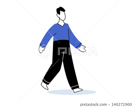 A man walking forward in casual clothes vector illustration. Lifestyle, daily routine, urban movement, active person, pedestrian, commuting. Male character stepping ahead in blue top and dark pants A man walking forward in casual clothes vector illustration. Lifestyle, daily routine, urban movement, active person, pedestrian, commuting. Male character stepping ahead in blue top and dark pants 140272900