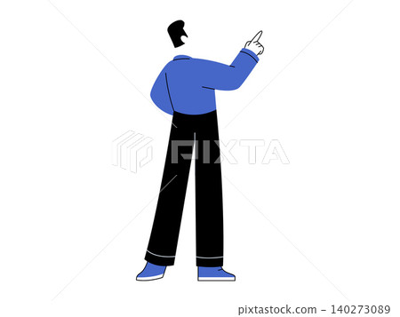 Man in blue shirt pointing forward vector illustration. Leadership, business goals, future vision, career growth, guidance, presentation. Male character gesturing towards the horizon Man in blue shirt pointing forward vector illustration. Leadership, business goals, future vision, career growth, guidance, presentation. Male character gesturing towards the horizon 140273089