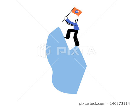 Person reaching a mountain peak and planting a flag vector illustration. Business success, goal achievement, project completion, career growth, leadership, milestone. Character climbing to the top Person reaching a mountain peak and planting a flag vector illustration. Business success, goal achievement, project completion, career growth, leadership, milestone. Character climbing to the top 140273114