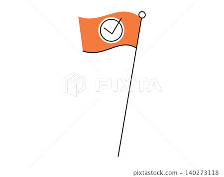 Orange flag with checkmark icon on pole vector illustration. Business success, goal achievement, task completion, project milestone, voting approval, target reached. Banner with tick on flagpole Orange flag with checkmark icon on pole vector illustration. Business success, goal achievement, task completion, project milestone, voting approval, target reached. Banner with tick on flagpole 140273118