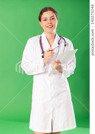 European experienced girl doctor wearing in white medical coat with stethoscope holding papers and registering patients or conducting survey European experienced girl doctor wearing in white medical coat with stethoscope holding papers and registering patients or conducting survey 140273148
