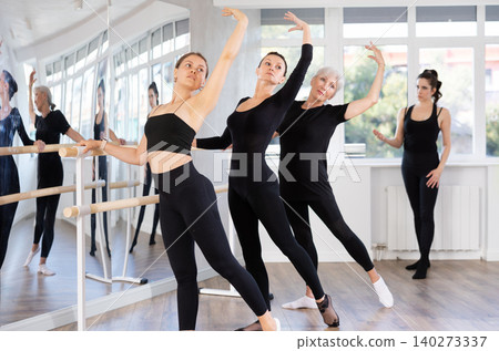 Teacher conducts class with girls in ballet studio, observes doing Batman exercise Teacher conducts class with girls in ballet studio, observes doing Batman exercise 140273337