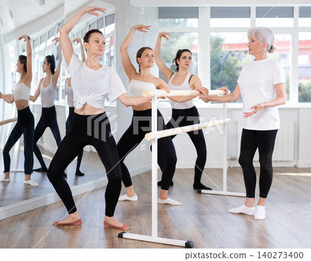Sporty woman performing demi plie during group barre fitness workout Sporty woman performing demi plie during group barre fitness workout 140273400