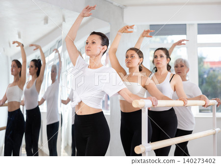 Group of female ballerinas standing in fifth position ballet pose in fitness room 140273402