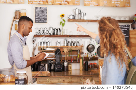 Barista, cafe and customer service with drink, order and menu for choice, writing and helping. Small business owner, cashier or waiter listening to person for decision on sale and coffee shop startup Barista, cafe and customer service with drink, order and menu for choice, writing and helping. Small business owner, cashier or waiter listening to person for decision on sale and coffee shop startup 140273543