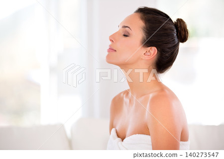 Skincare, relax and calm woman with beauty in home with shine, smile and luxury skin treatment. Dermatology, healthy or profile of person in apartment with natural makeup cosmetics, wellness or glow Skincare, relax and calm woman with beauty in home with shine, smile and luxury skin treatment. Dermatology, healthy or profile of person in apartment with natural makeup cosmetics, wellness or glow 140273547