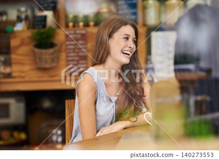 Happy, woman and friends in window at cafe for social brunch together on holiday or vacation. Girl, smile and talk to people in coffee shop with funny conversation at lunch with espresso or latte Happy, woman and friends in window at cafe for social brunch together on holiday or vacation. Girl, smile and talk to people in coffee shop with funny conversation at lunch with espresso or latte 140273553