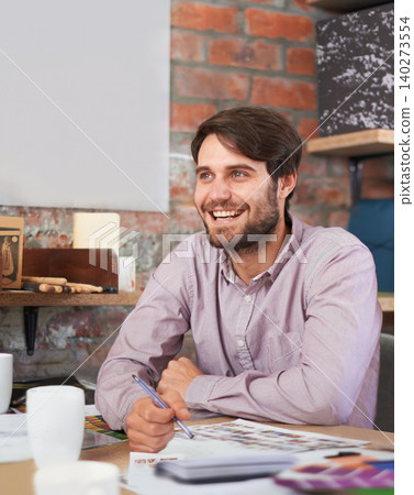 Man, office and graphic designer for workspace, company and startup in creative plan. Male person, business and modern media for project, paper and career with smile, happy and entrepreneur Man, office and graphic designer for workspace, company and startup in creative plan. Male person, business and modern media for project, paper and career with smile, happy and entrepreneur 140273554