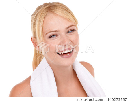 Studio, portrait and woman with towel for sport, training and exercise for fitness on white background. Female person, smile and happiness with sweat cloth for workout, performance and wellness Studio, portrait and woman with towel for sport, training and exercise for fitness on white background. Female person, smile and happiness with sweat cloth for workout, performance and wellness 140273567