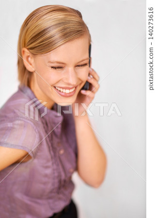 Woman, cellphone call and smile in office with communication for contact, thinking or deal at startup agency. Person, employee and mobile phone for conversation, negotiation or listening in workplace 140273616