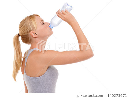 Drinking water, fitness and woman with wellness, workout and athlete isolated on a white studio background. Person, mockup space and model with a bottle and liquid with nutrition and diet with health 140273671