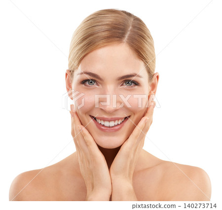 Beauty, skincare and portrait of happy woman with natural glow, cosmetics and smile in studio. Dermatology, healthy skin and face of girl on white background with care, facial and anti aging wellness Beauty, skincare and portrait of happy woman with natural glow, cosmetics and smile in studio. Dermatology, healthy skin and face of girl on white background with care, facial and anti aging wellness 140273714