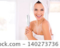 Happy woman, portrait and mirror with towel for hygiene, beauty or spa treatment at home. Female person or model smile in satisfaction for reflection, perfect skin or facial treatment in skincare 140273736