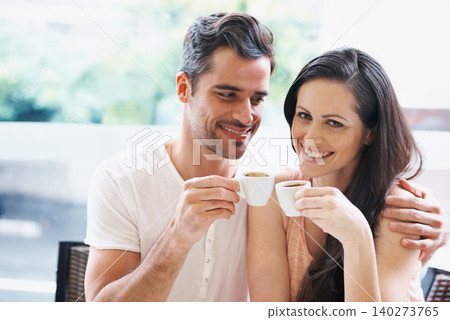 Date, coffee and couple at cafe with happy, smile and love together with toast and hot drink at a table. Espresso, morning and marriage at a restaurant with bonding, care and romance at bistro Date, coffee and couple at cafe with happy, smile and love together with toast and hot drink at a table. Espresso, morning and marriage at a restaurant with bonding, care and romance at bistro 140273765