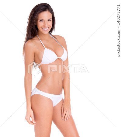 Woman, portrait and studio with bikini for fashion, slim body and smile with confidence for natural figure. Female person, attractive with summer swimsuit, underwear and style with white background Woman, portrait and studio with bikini for fashion, slim body and smile with confidence for natural figure. Female person, attractive with summer swimsuit, underwear and style with white background 140273771