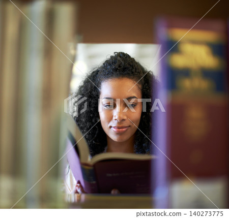 Reading, bookshelf and woman with books in library for knowledge, learning and studying at college. University, education and person with textbook for literature, research and information at academy Reading, bookshelf and woman with books in library for knowledge, learning and studying at college. University, education and person with textbook for literature, research and information at academy 140273775