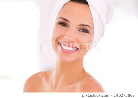 Happy woman, portrait and beauty with spa, facial treatment or skincare for hygiene at home. Face of female person or model with smile in satisfaction for cosmetology or dermatology on mockup space Happy woman, portrait and beauty with spa, facial treatment or skincare for hygiene at home. Face of female person or model with smile in satisfaction for cosmetology or dermatology on mockup space 140273862