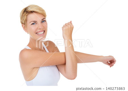 Woman, portrait and stretching for workout and exercise with health, wellness and warm up body on white background. Athlete start training, sport and ready for fitness in studio with muscle and smile Woman, portrait and stretching for workout and exercise with health, wellness and warm up body on white background. Athlete start training, sport and ready for fitness in studio with muscle and smile 140273863