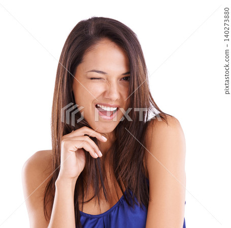 Woman, studio and portrait with smile, wink and fashion for style or confidence on white background. Model, positivity and happiness with secret, fun and flirt or excited for playful proud youth Woman, studio and portrait with smile, wink and fashion for style or confidence on white background. Model, positivity and happiness with secret, fun and flirt or excited for playful proud youth 140273880