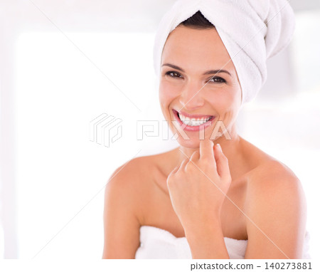 Happy woman, portrait and skincare with beauty for spa, facial treatment or hygiene at home. Face of female person or model with smile in satisfaction for dermatology or cosmetology on mockup space Happy woman, portrait and skincare with beauty for spa, facial treatment or hygiene at home. Face of female person or model with smile in satisfaction for dermatology or cosmetology on mockup space 140273881