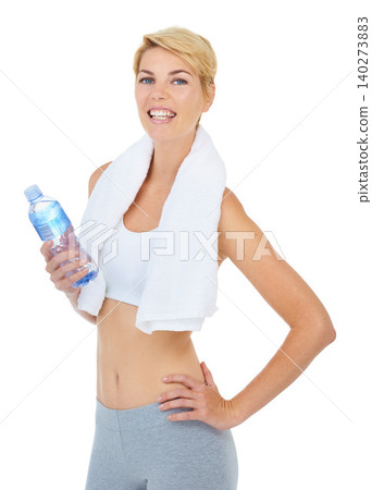 Woman, portrait and water bottle for health and fitness, hydration and wellness with smile on white background. Sports, workout and training with athlete and towel, h2o for thirst and nutrition Woman, portrait and water bottle for health and fitness, hydration and wellness with smile on white background. Sports, workout and training with athlete and towel, h2o for thirst and nutrition 140273883