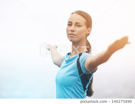 Portrait, fitness and stretching with sports woman outdoor in mountains for morning cardio training. Exercise, health and wellness with confident young runner getting ready for workout in mist Portrait, fitness and stretching with sports woman outdoor in mountains for morning cardio training. Exercise, health and wellness with confident young runner getting ready for workout in mist 140273890