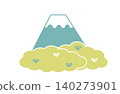A hand-drawn illustration of a tea plantation and Mount Fuji. 140273901