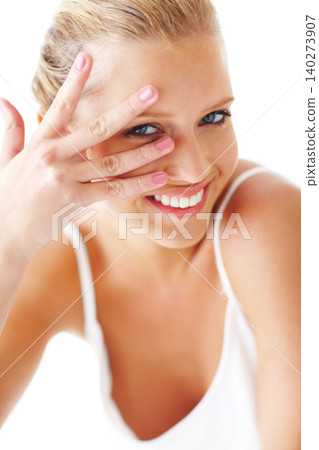 Portrait, beauty and manicure nails with woman in studio isolated on white background for cosmetic treatment. Face, smile and makeup with happy young person showing hands or fingers at salon Portrait, beauty and manicure nails with woman in studio isolated on white background for cosmetic treatment. Face, smile and makeup with happy young person showing hands or fingers at salon 140273907