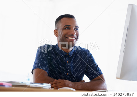 Computer, smile and man with research in office for creative project on internet by desk. Technology, happy and professional male designer working online with desktop for career in modern workplace. Computer, smile and man with research in office for creative project on internet by desk. Technology, happy and professional male designer working online with desktop for career in modern workplace. 140273987
