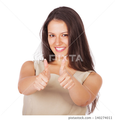 Portrait, smile or thumbs up for support and woman in studio isolated on white background with like or yes gesture. Face, hands and motivation with happy young person showing emoji sign for thank you 140274011