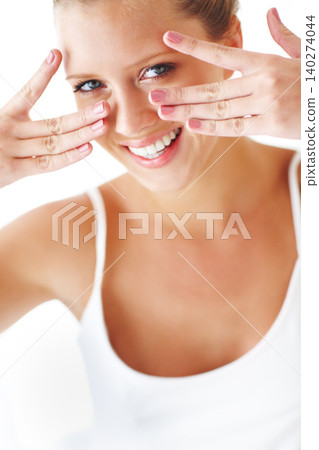 Portrait, beauty and manicure hands with woman in studio isolated on white background for cosmetic treatment. Face, smile and makeup with happy young model showing fingers at spa for cosmetology Portrait, beauty and manicure hands with woman in studio isolated on white background for cosmetic treatment. Face, smile and makeup with happy young model showing fingers at spa for cosmetology 140274044