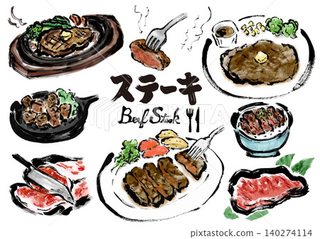 一組手繪的牛排和牛肉插圖。 一組手繪的牛排和牛肉插圖。 140274114