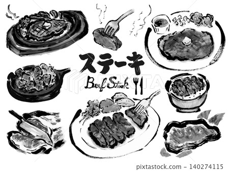 一組手繪的牛排和牛肉插圖。 一組手繪的牛排和牛肉插圖。 140274115