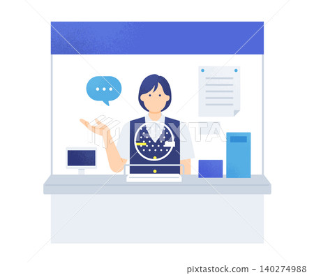 Illustration of the upper body of a female station attendant providing ticket information at a station ticket counter. Illustration of the upper body of a female station attendant providing ticket information at a station ticket counter. 140274988