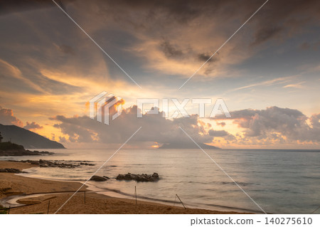 Sea turtle nesting grounds, Nagata Inakahama beach, evening view, magic hour, Yakushima (Autumn) 140275610