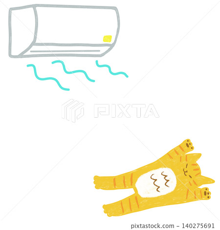 Summer heatstroke prevention indoors: A tabby cat lying down with the air conditioner on. Summer heatstroke prevention indoors: A tabby cat lying down with the air conditioner on. 140275691