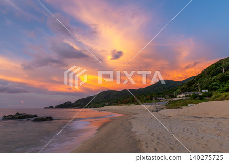 Sea turtle nesting grounds, Nagata Inakahama beach, evening view, magic hour, Yakushima (Autumn) 140275725