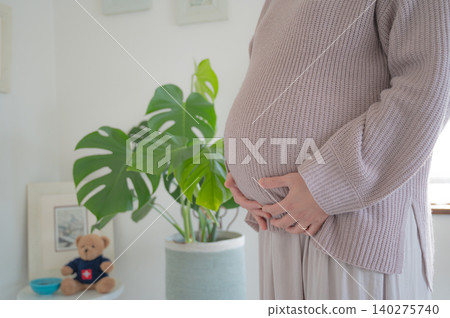 一位孕婦在擺放著盆栽植物的房間裡撫摸著自己的肚子。 一位孕婦在擺放著盆栽植物的房間裡撫摸著自己的肚子。 140275740