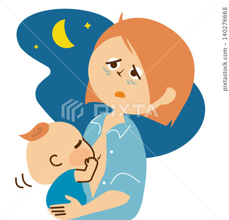 Nighttime breastfeeding: An illustration depicting a sleep-deprived mother. Nighttime breastfeeding: An illustration depicting a sleep-deprived mother. 140276668