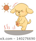 A cute, picture-book-style illustration of a dog with burned paws on asphalt. A cute, picture-book-style illustration of a dog with burned paws on asphalt. 140276690