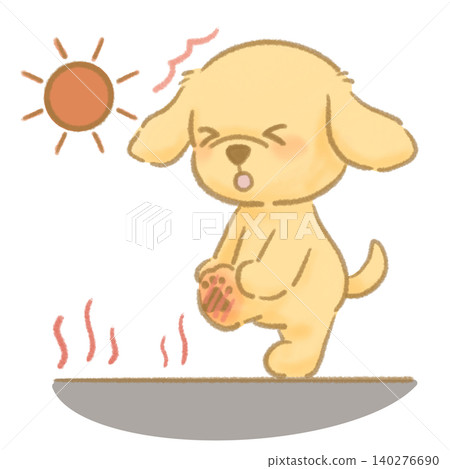 A cute, picture-book-style illustration of a dog with burned paws on asphalt. A cute, picture-book-style illustration of a dog with burned paws on asphalt. 140276690
